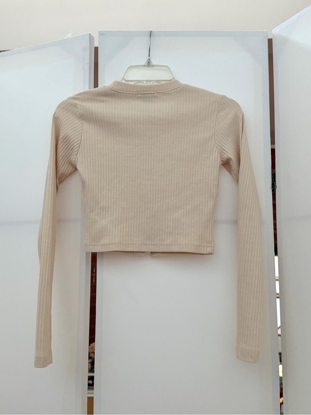 Cream Ribbed Button Down Long Sleeve Top - Picture 3 of 4